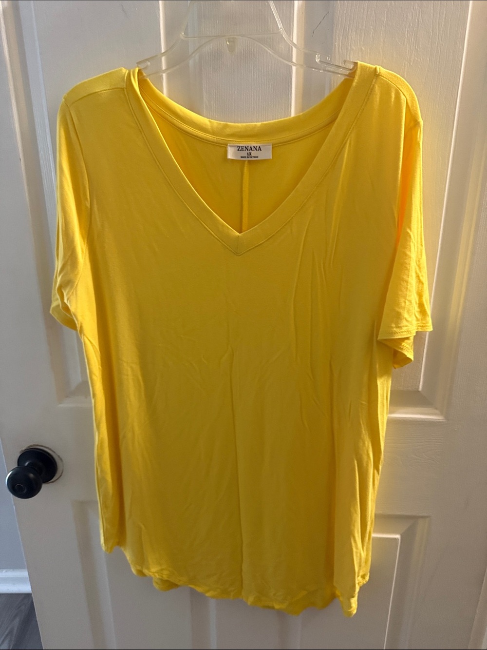 Zenana Outfitters Bright Yellow V-Neck Short Sleeve Top - Picture 1 of 4